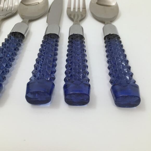 Lot of 10 Lucite Acrylic Plastic Handle Flatware Blue Faceted Diamond - Picture 4 of 11